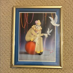 Framed Pierrot Clown and Doves Art Print. Kirsten Leigh artist.